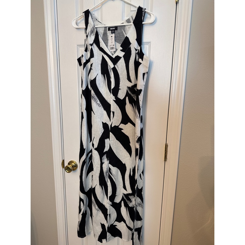 DKNY Womens XS Black White Abstract Linen Blend V-Neck Maxi Dress P61C8FZK NEW
